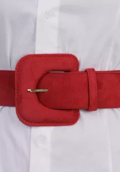 Curea elastica cu piele intoarsa ecologica rosie si catarama dreptunghiulara cu colturi rotunjite imagine