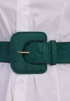 Curea elastica cu piele intoarsa ecologica verde si catarama dreptunghiulara cu colturi rotunjite imagine