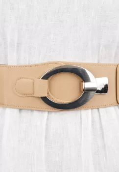 Curea elastica cu solzi din piele ecologica bej de 6 cm latime cu catarama ovala argintie imagine