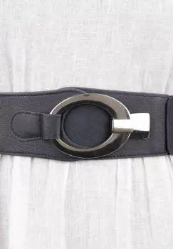 Curea elastica cu solzi din piele ecologica bleumarin de 6 cm latime cu catarama ovala argintie imagine