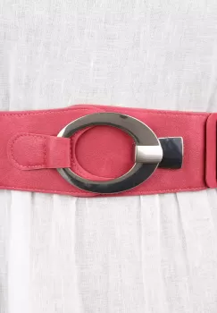 Curea elastica cu solzi din piele ecologica fucsia de 6 cm latime cu catarama ovala argintie imagine