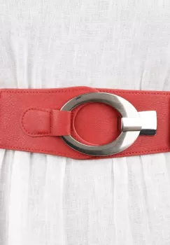 Curea elastica cu solzi din piele ecologica rosie de 6 cm latime cu catarama ovala argintie imagine