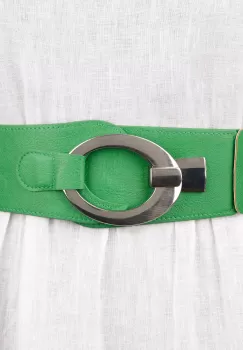 Curea elastica cu solzi din piele ecologica verde de 6 cm latime cu catarama ovala argintie imagine