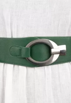 Curea elastica cu solzi din piele ecologica verde inchis de 6 cm latime cu catarama ovala argintie imagine