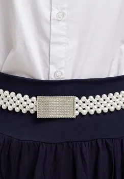 Curea elastica de 3 cm, realizata din margele tip perla cu catarama dreptunghiulara cu strasuri imagine