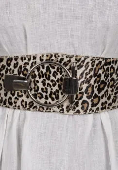 Curea elastica din piele ecologica bej cu animal print si catarama ovala argintie imagine