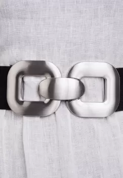 Curea elastica neagra 6 cm latime cu dubla catarama argintie cu forma patrata imagine