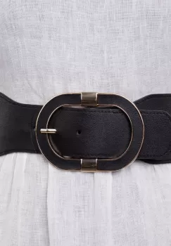 Curea elastica neagra cu catarama ovala si decoratiune aurie imagine