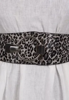 Curea elastica neagra din piele ecologica gri cu animal print si catarama ovala argintie imagine