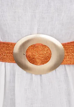 Curea elastica portocalie din impletitura cu latime de 5 cm, catarama aurie imagine