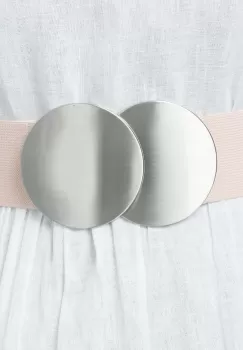 Curea elastica roz prafuit 6 cm latime cu catarama doua cercuri argintii imagine