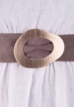 Curea fango din piele intoarsa naturala cu latime de 8 cm, catarama aurie neregulata imagine