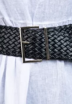 Curea impletita neagra de 7 cm, din piele ecologica cu catarama metalica aurie dreptunghiulara imagine