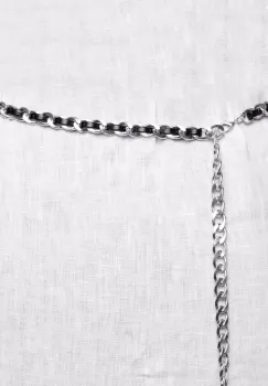 Curea lant argintiu cu insertie din piele ecologica neagra si decoratiune banut la capat imagine