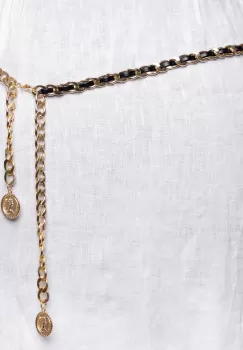Curea lant auriu cu insertie din piele ecologica neagra si decoratiune banuti la ambele capate imagine