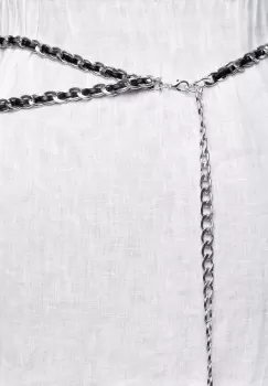 Curea lant dublu argintiu cu insertie din piele ecologica neagra si decoratiune banut la capat imagine