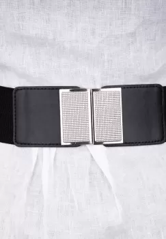 Curea lata 6 cm neagra din material elastic cu pafta metalica patrata argintie imagine