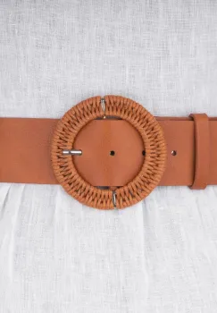 Curea lata camel de 5 cm, din piele ecologica cu catarama metalica argintie imbracata in impletitura imagine
