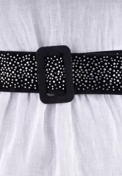 Curea lata catifea neagra cu catarama din catifea si aplicatii de strasuri albe imagine