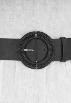 Curea lata neagra de 5 cm, din piele ecologica cu catarama metalica argintie imbracata in impletitura imagine