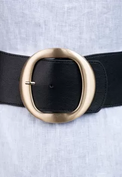 Curea lata neagra de 7.5 cm, din material elastic cu catarama metalica aurie rotunda imagine