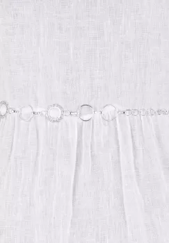 Curea metalica argintie cu cercuri si strasuri albe, flexibila cu lant de prelungire imagine