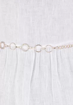 Curea metalica aurie cu cercuri si strasuri albe, flexibila cu lant de prelungire imagine