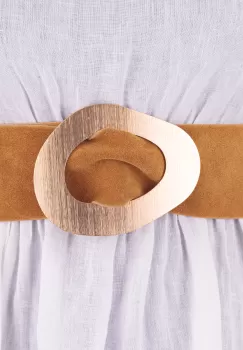 Curea mustar din piele intoarsa naturala cu latime de 8 cm, catarama aurie neregulata imagine