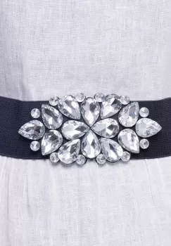 Curea neagra 6 cm latime din material elastic, cu decoratiune din sticla argintie imagine