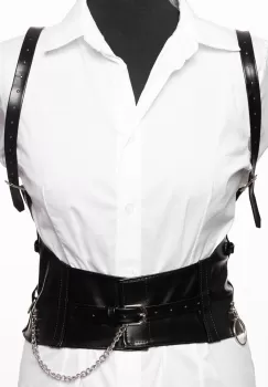 Curea neagra cu catarama argintie cu lant si bretele, din imitatie piele imagine