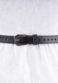 Curea neagra de 2.5 cm cu flori decupate, din piele ecologica cu catarama metalica argintie imagine