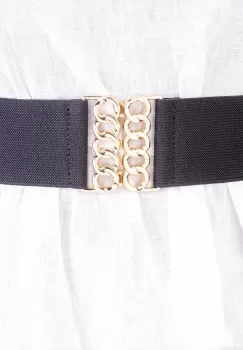 Curea neagra de 6 cm, din material elastic cu catarama aurie imagine