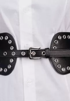 Curea neagra din piele ecologica cu catarama si capse metalice argintii, cu elastic la spate imagine