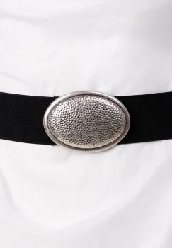 Curea neagra elastica cu catarama tip pafta, ovala texturata argintie imagine