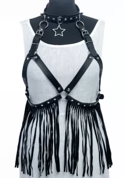 Curea neagra fantezista cu catarame argintii si bretele din imitatie piele, cu franjuri lungi imagine