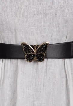 Curea reglabila elastica neagra de 4 cm latime cu catarama fluture auriu cu paiete negre imagine
