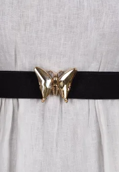 Curea reglabila elastica neagra de 4 cm latime cu catarama fluture auriu cu sticla si metal imagine