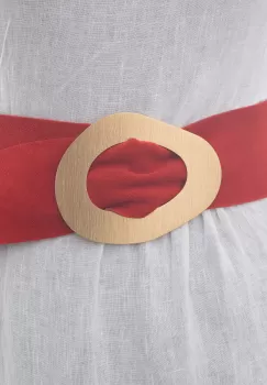 Curea rosie din piele intoarsa naturala cu latime de 8 cm, catarama aurie neregulata imagine