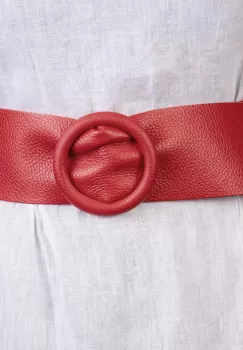 Curea rosie din piele naturala cu latime de 7 cm, catarama rotunda imbracata in piele imagine