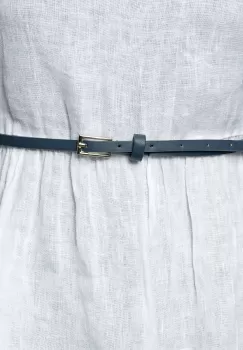 Curea subtire bleumarin de 0.9 cm, din piele ecologica cu catarama metalica argintie dreptunghiulara imagine