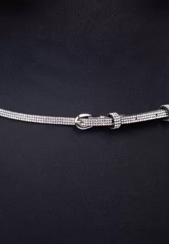 Curea subtire de 7 mm cu strasuri argintii aplicate pe piele ecologica neagra imagine