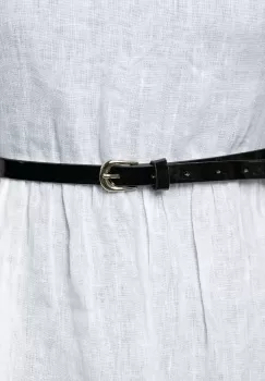 Curea subtire negru lucios,1 cm, din piele ecologica cu catarama metalica argintie rotunjita imagine