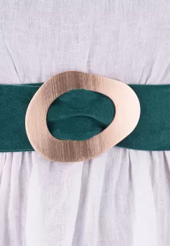 Curea turcoaz inchis din piele intoarsa naturala cu latime de 8 cm, catarama aurie neregulata imagine