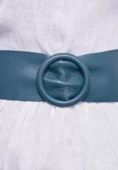 Curea turcoaz inchis din piele naturala cu latime de 7 cm, catarama rotunda imbracata in piele imagine