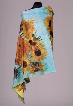 Esarfa cashmere cu doua fete imprimata cu reproducere dupa Floarea Soarelui de Van Gogh imagine
