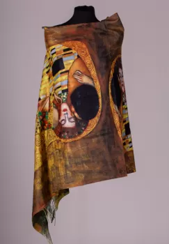 Esarfa cashmere cu doua fete imprimata cu reproducere dupa Sarutul lui Klimt imagine