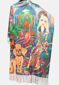 Esarfa cashmere cu fir de lurex, doua fete imprimata cu un model fantasmagoric gen Desigual imagine