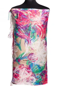 Esarfa cashmere cu fir din lurex, flori stilizate pe fond bej imagine