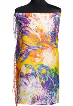 Esarfa cashmere cu fir din lurex, flori stilizate pe fond galben imagine