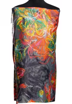 Esarfa cashmere cu fir din lurex, flori stilizate pe fond gri imagine